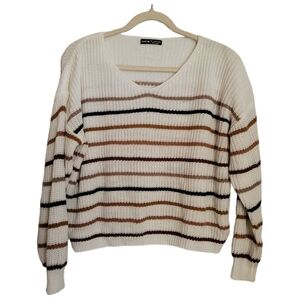 Shein Sweater L Large Beige Tan Stripe Long Sleeve Scoop Neck